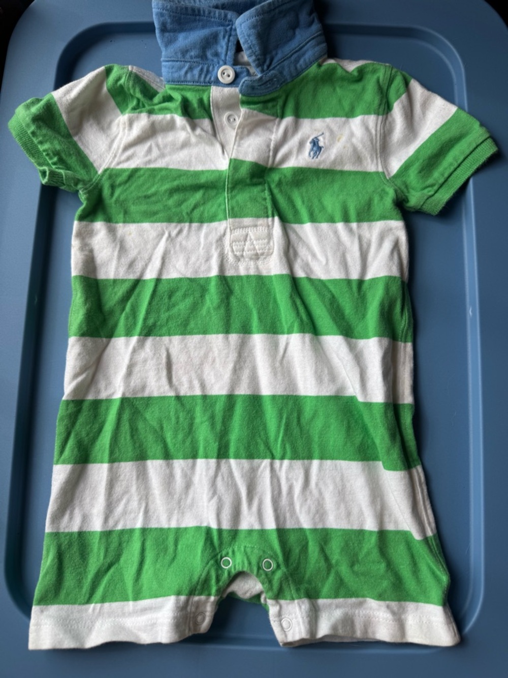 Ralph Lauren Green & White Striped Polo Romper with Blue Collar